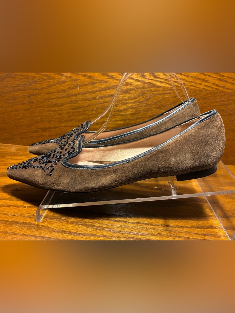 Y2K VTG Oscar de la Renta Oscar Beaded Suede Smoking Loafers Brown Black Size 9 - Picture 4 of 11